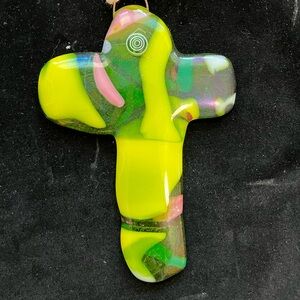 Handmade Cast Glass Hope Cross Fused Art Glass  6”x4”  Green Glass